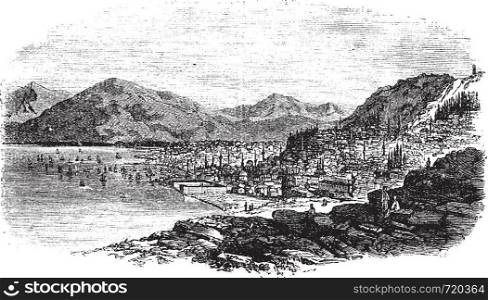 Smyrna in Turkey, during the 1890s, vintage engraving. Old engraved illustration of Smyrna with sea.