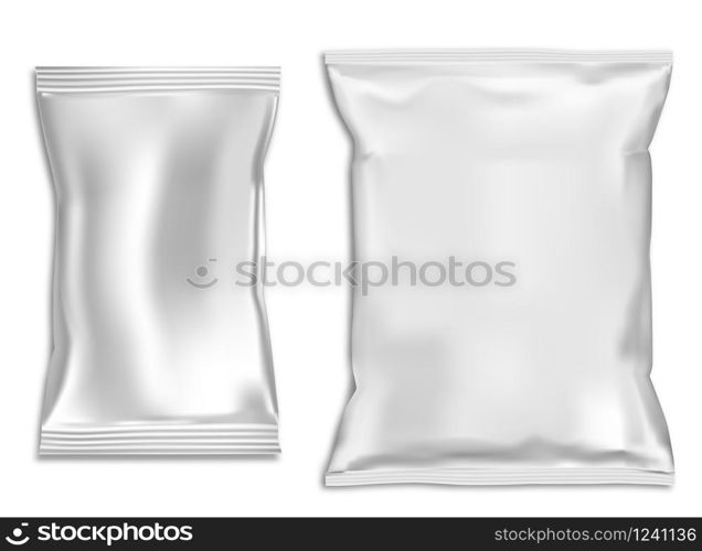 Snack bag mock up. Plastic pillow pouch blank. Vector template for foil sachet isolated on background. Closed foil wrap for food product. Pasta, powder, chocolate and sugar polythene packet. Snack bag mock up. Plastic pillow pouch blank