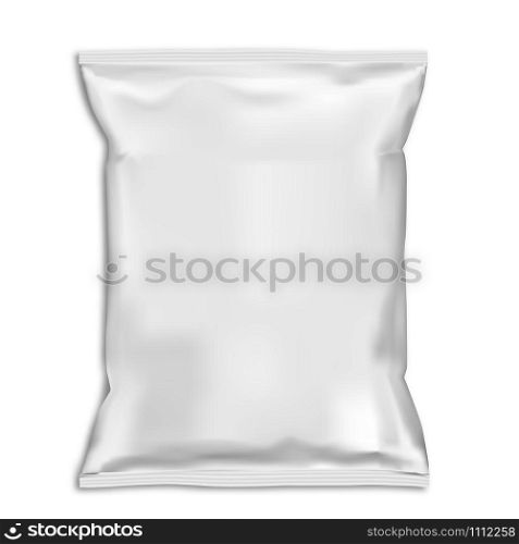 Snack bag pillow pouch mock up. White food pack blank. Foil sachet vector template isolated on backaground. Plastic polythene closed 3d container ready for advertising. Potato chip packet. Snack bag pillow pouch mock up. White food pack