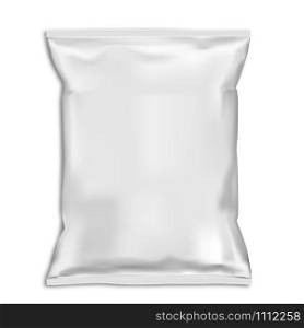 Snack bag pillow pouch mock up. White food pack blank. Foil sachet vector template isolated on backaground. Plastic polythene closed 3d container ready for advertising. Potato chip packet. Snack bag pillow pouch mock up. White food pack
