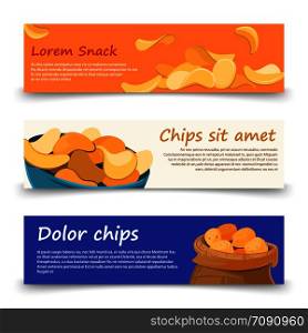 Snack banners template of set with potato chips. Vector illustration. Snack banners template with potato chips