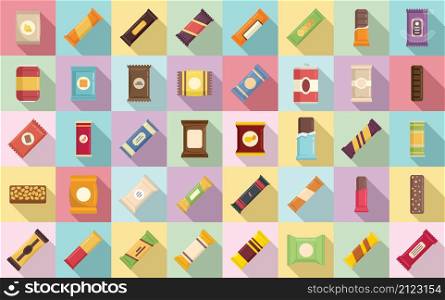 Snack bar icons set flat vector. Candy product. Snack bar food. Snack bar icons set flat vector. Candy product