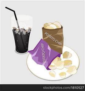 Snack Food, An Illustration of A Golden Potato Chips in Bag with A Glass of Iced Coffee or Cola Dink