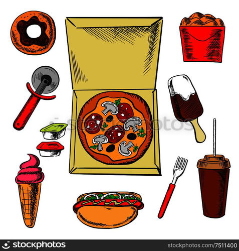 Snack food and drink icons with box of fried chicken, sauce cup surrounded by ice cream, donut, soda, hot dog and croissant. Fast food pizza and snacks