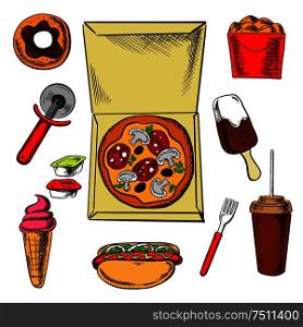 Snack food and drink icons with box of fried chicken, sauce cup surrounded by ice cream, donut, soda, hot dog and croissant. Fast food pizza and snacks