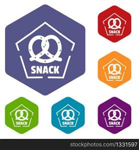 Snack icons vector colorful hexahedron set collection isolated on white . Snack icons vector hexahedron