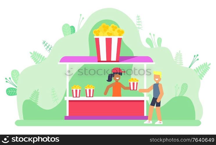 Snack kiosk woman selling meal to customer vector, popcorn stall with client and seller. Summer fair market surrounded by nature foliage and plants. Popcorn Seller and Customer, Food Snack Vector