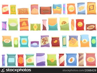 Snack pack icons set cartoon vector. Candy bag. Biscuit package. Snack pack icons set cartoon vector. Candy bag