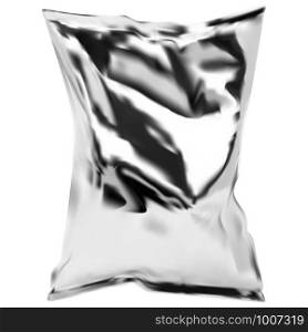 Snack package. Foil pouch. Chips packet blank. 3d design. Clear pack mockup for candy. Biscuit, cookie or chokolate sachet, isolated. Retail pocket layout ready for advertising and marketing. Food. Snack package. Foil pouch. Chips packet blank. 3d