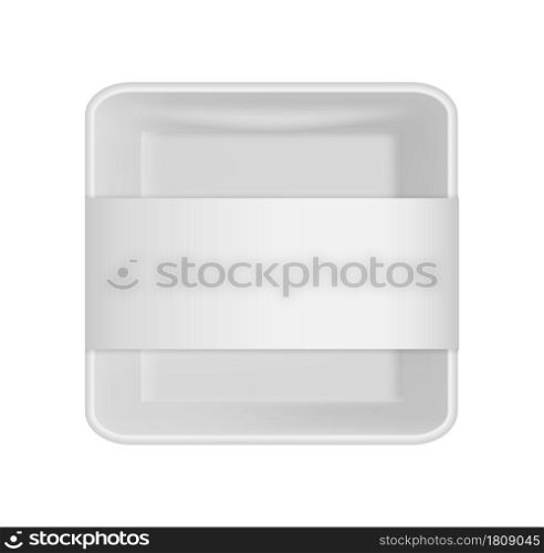 Snack package. Plastic packaging 3D. Realistic empty container for portioned food, square lunch box with blank label top view, brand identity template. Vector isolated on white background illustration. Snack package. Plastic packaging 3D. Realistic white empty container for portioned food, square lunch box with blank label top view, brand identity template. Vector isolated illustration
