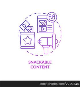 Snackable content purple gradient concept icon. SMM strategy creation. Internet marketing trend abstract idea thin line illustration. Isolated outline drawing. Myriad Pro-Bold font used. Snackable content purple gradient concept icon