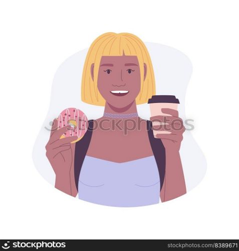 Snacking on the way isolated cartoon vector illustrations. Young hipster girl eats out tasty donuts and drinking coffee on the street, enjoys delicious dessert on the way vector cartoon.. Snacking on the way isolated cartoon vector illustrations.