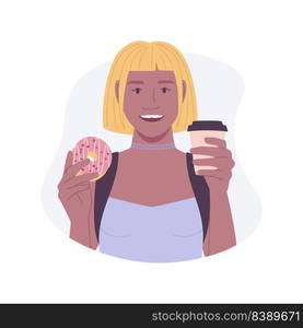 Snacking on the way isolated cartoon vector illustrations. Young hipster girl eats out tasty donuts and drinking coffee on the street, enjoys delicious dessert on the way vector cartoon.. Snacking on the way isolated cartoon vector illustrations.