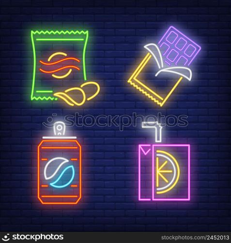Snacks and drinks for vendor machine neon signs set. Takeaway food, meal, snack design. Night bright neon sign, colorful billboard, light banner. Vector illustration in neon style.