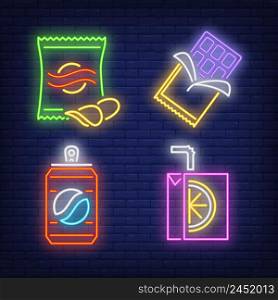 Snacks and drinks for vendor machine neon signs set. Takeaway food, meal, snack design. Night bright neon sign, colorful billboard, light banner. Vector illustration in neon style.