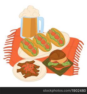 Snacks and drinks on tablecloth or blanket, isolated picnic food. Taco and burgers with meat and greenery leaves, pint of beer and pork. Breakfast or lunch in restaurant. Vector in flat style. Mexican or american food, taco burger with beer