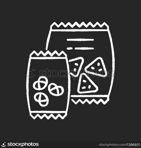 Snacks chalk white icon on black background. Potato chips in bag. Salty crackers in packet. Junk food. Unhealthy snacks. Vending machine food items. Isolated vector chalkboard illustration. Snacks chalk white icon on black background