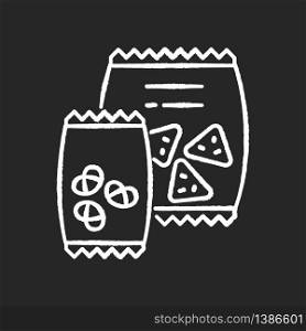 Snacks chalk white icon on black background. Potato chips in bag. Salty crackers in packet. Junk food. Unhealthy snacks. Vending machine food items. Isolated vector chalkboard illustration. Snacks chalk white icon on black background