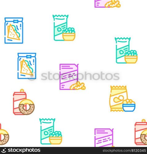 Snacks Food And Drink Vector Seamless Pattern Color Line Illustration. Snacks Food And Drink Vector Seamless Pattern