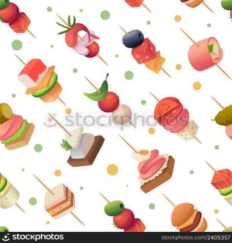 Snacks food pattern. Delicious appetizer canape gourmet products sandwich for dinner party table exact vector cartoon pictures seamless background. Delicious food snack illustration. Snacks food pattern. Delicious appetizer canape gourmet products sandwich for dinner party table exact vector cartoon pictures seamless background