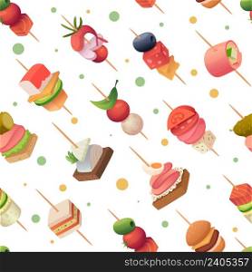 Snacks food pattern. Delicious appetizer canape gourmet products sandwich for dinner party table exact vector cartoon pictures seamless background. Delicious food snack illustration. Snacks food pattern. Delicious appetizer canape gourmet products sandwich for dinner party table exact vector cartoon pictures seamless background