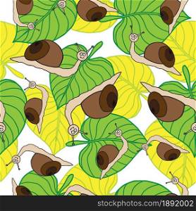 Snail and leaves on white background. Vector illustration. Seamless pattern.