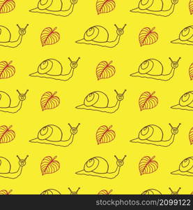 Snail and leaves on yellow background. Vector illustration. Seamless pattern.