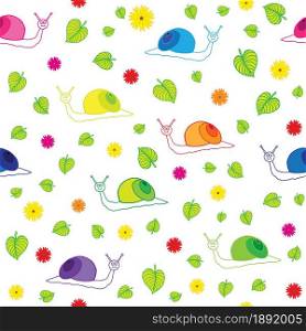 Snail, flowers and leaves vector illustration. Seamless pattern.