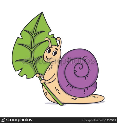 Snail holding a leaf. Vector cute illustration isolated on white background. Kids illustration of lovely slugs with shell.