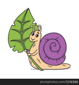 Snail holding a leaf. Vector cute illustration isolated on white background. Kids illustration of lovely slugs with shell.