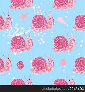 Snail pink, sea inhabitants seamless pattern, beautiful character among seashells, seaweed, starfish, sea animals of wildlife.. Snail pink, sea inhabitants seamless pattern, beautiful character among seashells, seaweed, starfish