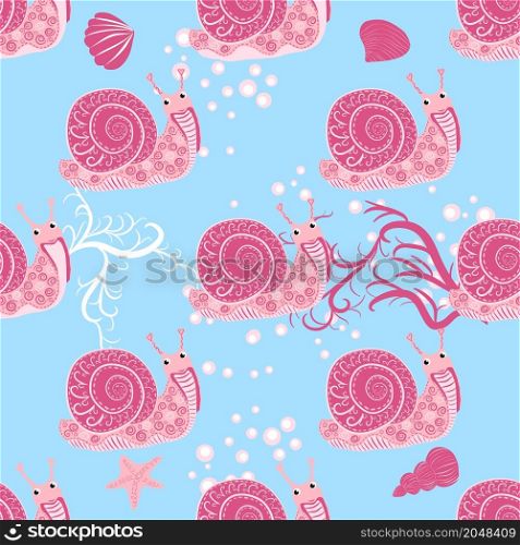 Snail pink, sea inhabitants seamless pattern, beautiful character among seashells, seaweed, starfish, sea animals of wildlife.. Snail pink, sea inhabitants seamless pattern, beautiful character among seashells, seaweed, starfish
