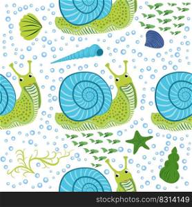 Snail, sea inhabitants seamless pattern, beautiful character among seashells, seaweed, starfish, sea animals of wildlife.. Snail, sea inhabitants seamless pattern, beautiful character among seashells, seaweed, starfish, sea animals of wildlife