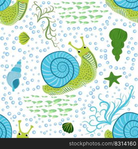 Snail, sea inhabitants seamless pattern, beautiful character among seashells, seaweed, starfish, sea animals of wildlife.. Snail, sea inhabitants seamless pattern, beautiful character among seashells, seaweed, starfish, sea animals of wildlife