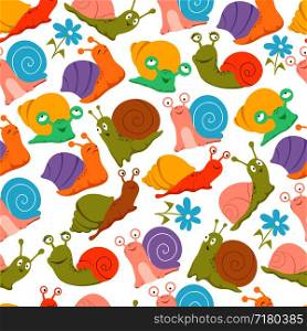 Snail seamless pattern. Fashion kids endless vector texture for fabric and wrapping. Illustration of seamless pattern snail, wildlife wrapping. Snail seamless pattern. Fashion kids endless vector texture for fabric and wrapping