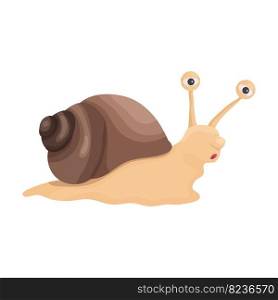 Snail with a brown shell in a cartoon style. Cheerful snail emotional, brooding, comical, lips with the letter o, for children’s design or phrases about speed