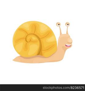 Snail with a yellow shell in a cartoon style. Funny snail emotional, happy, smiling, comic for kids design or speed phrases