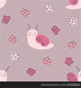 Snails and flowers summer doodle seamless pattern. Perfect for T-shirt, textile and print. Hand drawn vector illustration for decor and design.