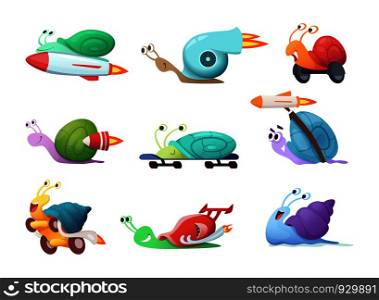 Snails cartoon characters. Slow sea slug or caracoles vector illustrations. Speed and fast snail character, slime insect collection. Snails cartoon characters. Slow sea slug or caracoles vector illustrations