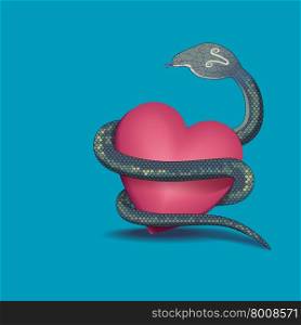 Snake belt pink heart like its possesion on blue baclground,concept for hard feeling of love