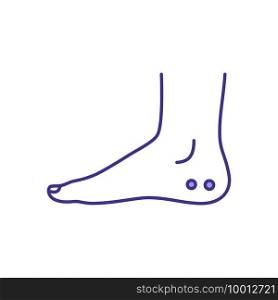 Snake bite on foot RGB color icon. Puncture marks on skin. Extremity envenomations. Poisonous snakebite injury. Snake venom spreading. Soft tissue swelling. Isolated vector illustration. Snake bite on foot RGB color icon