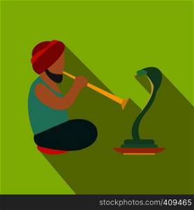 Snake-charmer flat icon. Modern symbol of charmer on a green background. Snake-charmer flat icon