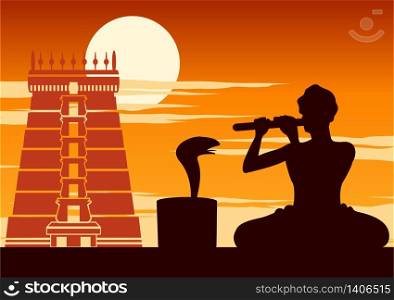 snake charmer play flute to snake,show of Indian,sunset time,vector illustration