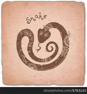Snake. Chinese Zodiac Sign Horoscope Vintage Card.. Snake. Chinese Zodiac Sign. Silhouette with Ethnic Ornament. Horoscope Vintage Card. Vector illustration.