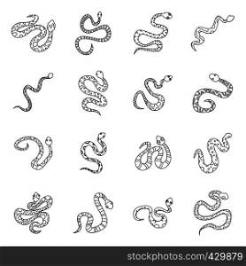 Snake icons set. Outline illustration of 16 snake vector icons for web. Snake icons set, outline style
