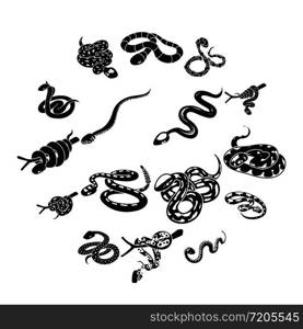 Snake icons set. Simple illustration of 16 snake icons set vector icons for web. Snake icons set, simple style