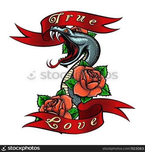 Snake in Rose flowers and lettering True love drawn in Old school Tattoo Style. Vector illustration.