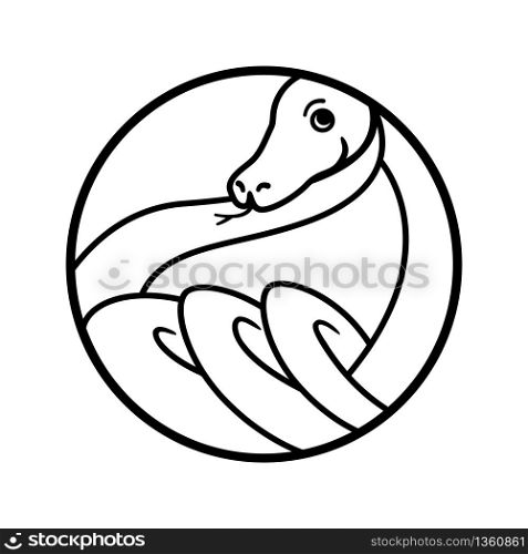 Snake outline logo. Round geometric shape. Twisted reptile rings graphic illustration for tattoo, sticker, logotype. Cartoon, simple, minimalist style. Black and white drawing.