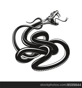 Snake tattoo, angry viper, vector aggressive serpent or python. Angry snake with fangs and tongue attack for bite, black viper serpent for bikers or rockers club tattoo, mascot. Snake tattoo, angry rattlesnake or cobra viper