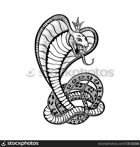 Snake tattoo art design, vector cobra viper in royal crown with tongue and fangs. Hand drawn Japanese viper snake or rattlesnake in rings, t-shirt print template and biker club sign. Viper snake cobra in crown, tattoo art design
